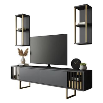 Dmora Dmora - Mueble De Televisi&oacute;n Eunomia, Aparador De Sal&oacute;n, Mueble Bajo Para Tv, Base De Pared Equipada, 180x30h48 Cm, Antracita Y Negro, Con Embalaje Re