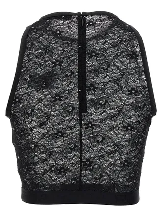 Alessandra Rich Logo-Embroidered Lace Tank Top - Black
