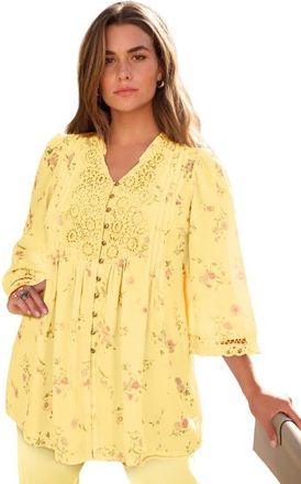 Roaman's Plus Size Juliet Lace Trim Button Down Shirt in Banana Wild Flowers at Nordstrom, Size 34
