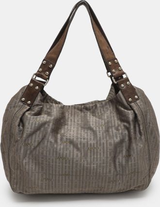 DKNY Dkny Grey/brown Logo Print Nylon And Leather Hobo