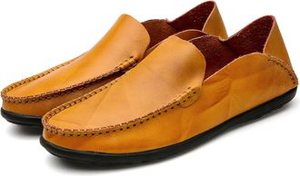 Generic Mens Loafers Genuine Leather Round Toe Stitching Details Lightweight Comfortable Anti-Slip Outdoor Slip-ons(Light Brown,7.5 UK)