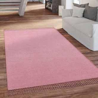 Paco Home Paco Home Alfombra Sal&oacute;n Pelo Corto Con Flecos Hecha A Mano Motivo Monocolor 160x220 Cm, Rosa