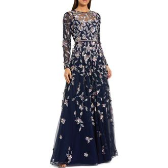 Mac Duggal Long Sleeve Floral Embellished Evening Gown in Midnight Multi at Nordstrom, Size 18