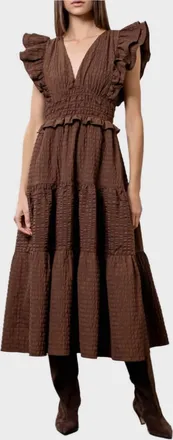 Moon River Flutter Sleeve V-Neck Midi Dress In Brown