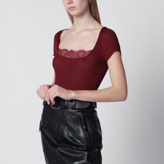 Saint Laurent Red square-neck lace T-shirt in ribbed silk