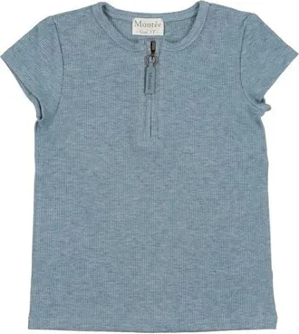 Maniere Kids Half Zip Short Sleeve Top in Blue at Nordstrom, Size 4T