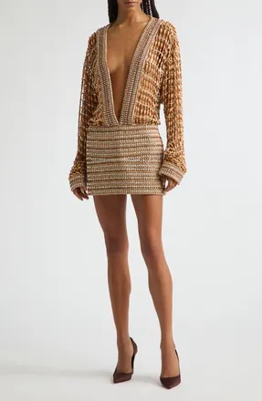 LaQuan Smith Beaded Long Sleeve Plunge Neck Minidress in Natural/clear at Nordstrom, Size Medium