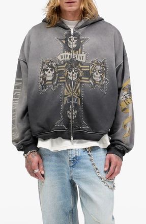 Represent G n R Cross Graphic Zip Hoodie in Stained Black at Nordstrom, Size Xx-Large