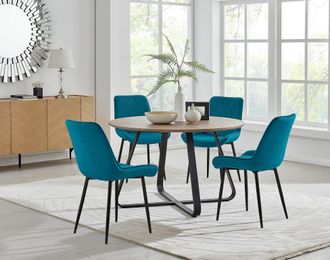 Furniturebox Santorini Brown Round Dining Table & 4 Pesaro Black Leg Chairs in Blue