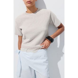 Mango Lace Trim Short Sleeve Sweater in Light/pastel Grey at Nordstrom, Size Xx-Small