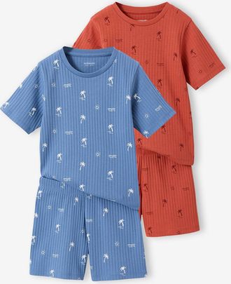 Vertbaudet 2er-Pack kurze Jungen Schlafanz&uuml;ge aus Rippjersey mit Palmenmuster jeansblau