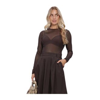 Summum Tops, Dames, Bruin, XS, Round Neck Top Long Sleeve Mesh Solid
