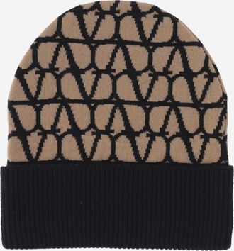 Valentino Garavani Womens Cashmere Knitted Beanie Toile Iconographe Camel Hat