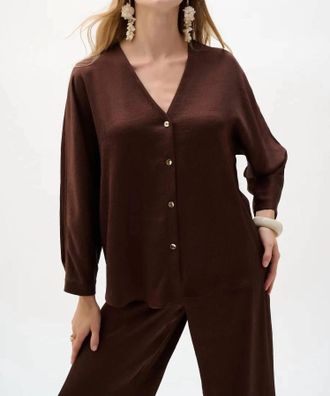 Joseph Ribkoff V-Neck Button Front Boxy Satin Top In Mahogany