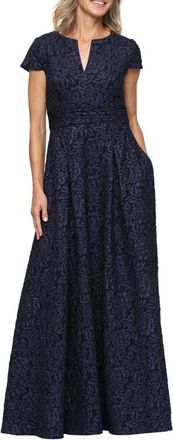 Alex Evenings Embossed Short Sleeve Maxi Dress in Navy at Nordstrom, Size 10
