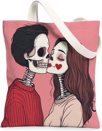 Generic Romantic Valentines Day Canvas Tote Bag for Shopping 13x15, Simple Skeleton Skull Couple Reusable Grocery Print Pattern Bag for Women, Fun Lover Beach