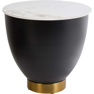 Beliani Beliani - Tavolino con piano in pietra sinterizzata Bianco effetto naturale Base in metallo nero Accento oro con contenitore &oslash; 48 cm Nadine
