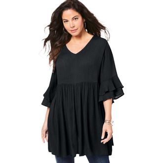 Roaman's Hand Crinkled Flutter Sleeve Tunic in Black at Nordstrom, Size 14