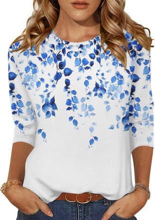 Zeagoo Women Tops 3/4 Sleeve Crew Neck T Shirts Casual Tunic Summer Blouses Blue Leaves XL