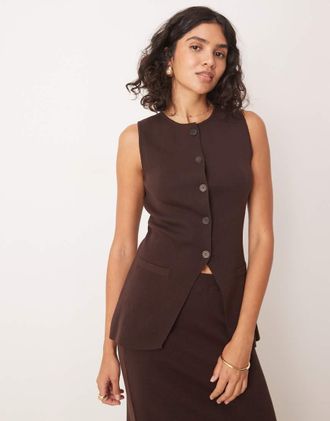 Pretty Lavish Gilet taglio lungo in maglia color cioccolato in coordinato-Marrone