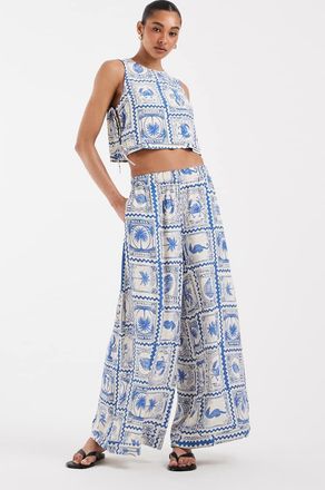 Object Pantaloni a palazzo super ampi blu e bianchi con stampa stile cartolina in coordinato
