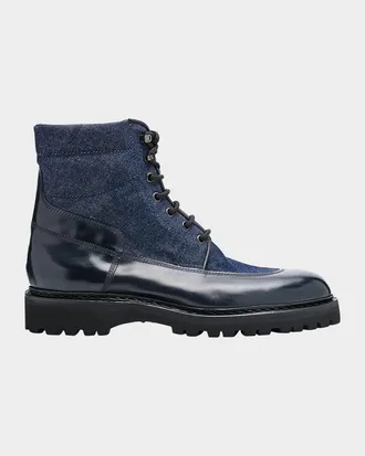 John Lobb Men & apos;s Peak Denim and Leather Lace-Up Boots