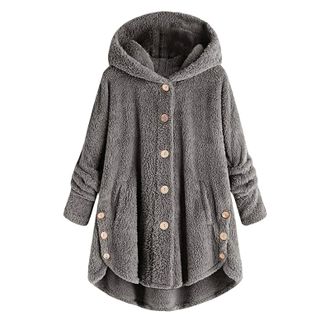 Generic Plus Size Fleece Bed Jacket for Women Soft Fuzzy Button Hooded Lightweight Winter Lounge Coat Outerwear (Dark gray,L)