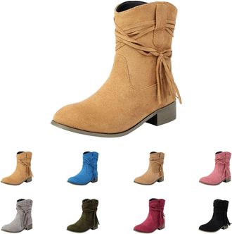 Generic Wide Fit Boots For Women uk Wide Fit Suede Ankle Boots Women Round Toe Low Heel Booties Slip On Mid Calf Shoes Comfortable Ankle Cowgirl Cowboy Boots 