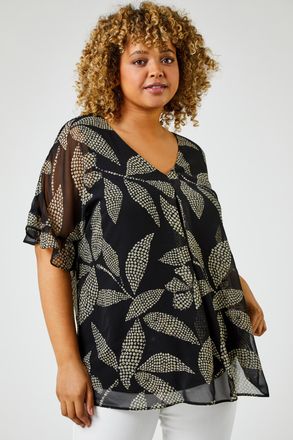 Roman Abstract Leaf Chiffon Overlay V-Neck Top