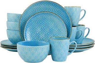 Elama Aqualite 16 Piece Embossed Stoneware Dinnerware Set in Teal at Nordstrom