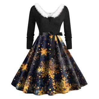 Generic Christmas Dresses for Women Glad Rags Vintage Elegant A Line Christmas Fancy Dress Formal Dresses for Women Multi Colored Vintage Printed Holiday Long