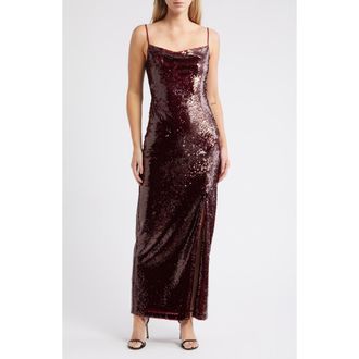 Julia Jordan Sequin Cowl Neck Maxi Cocktail Dress in Wine at Nordstrom, Size 12