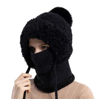 Generic Womens 3 in 1 Beanie Hat Sherpa Hood Ski Mask Winter Warm Knitted Balaclava Choosemuc Windproof Scarf Neck Warmer Sets Outdoor Face Cover for Skiing H