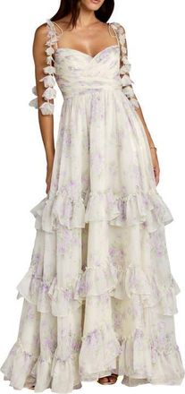 Mac Duggal Floral Print Long Flare Sleeve Mesh A-Line Dress in Ivory Multi at Nordstrom, Size 12