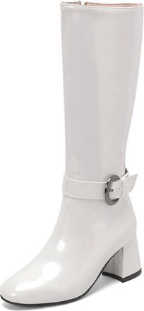 Generic Womens Patent Leather Knee High Riding Boots with Buckle Strap & Chunky Block Heel for Office & Everyday,White,5.5 UK