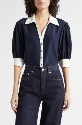 Cinq &agrave; Sept Weiley Silk Button-Up Shirt in Navy/Ivory at Nordstrom, Size X-Small