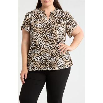 Anne Klein Leopard Print Tulip Sleeve Popover Top in Anne Black Multi at Nordstrom, Size 0 X