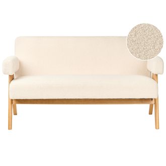 Beliani Sof&aacute; 2 Plazas Retro Sal&oacute;n Tapizado De Boucl&eacute; Patas De Madera Blanco Crema Y Marr&oacute;n Claro Tamre