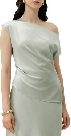 LilySilk Womens Stretch Silk Charmeuse Asymmetric Top in Silver Sage at Nordstrom, Size X-Small