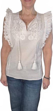 Tribal Embroidered Frill Sleeve Blouse In White