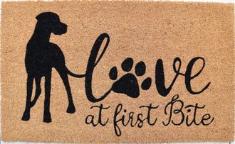 Imports Decor Love at First Bite Dog Coir Door Mat, Funny Pet Lover Coconut Fiber Doormat with Non-Slip PVC Backing, Indoor Outdoor Entryway Rug