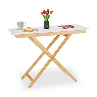 Relaxdays Relaxdays - Mesa Plegable Altura Ajustable, Bamb&uacute; Y Mdf, Mesita Auxiliar, Sal&oacute;n, Balc&oacute;n, 70 X 105 X 50 Cm, Natural/blanco