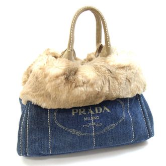 Prada Canapa Beige Blue Denim Suede Fur Handbag Tote Bag (Pre-Owned)