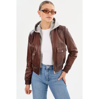 LaMarque CANDACE | Leather Bomber Jacket in Chocolate Brown/heather Grey at Nordstrom, Size Xx-Small