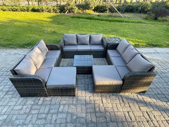 Fimous 11 Seater Rattan Outdoor Furniture Set Patio Garden Sofa Set with Square Coffee Table 3 Seater Sofa 2 Big Footstool Side Table in Dark Grey