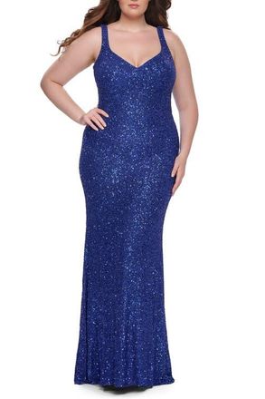 La Femme Fitted Stretch Sequin Plus Size Dress with V-Neck in Royal Blue at Nordstrom, Size 16W