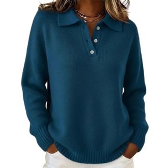 Generic Miss Classic Polo Neck Button-Down Solid Color Sweater Top, Knit Button Shirt V Neck Knitted Fall Winter Tops (Dark Blue,M)