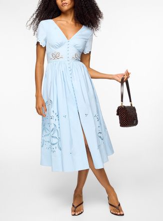 Self Portrait Womens Richelieu embroidery blue poplin midi dress