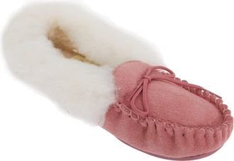 Mokkers Ladies Pink Suede Moccasin Slippers Fur Lining and Collar and Hardwearing Sole - Kirsty - Pink - size UK Ladies Size 7