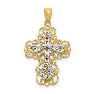 Diamond2Deal 14k Two-tone Gold Gold Polished 2 Level Filigree Cross Pendant